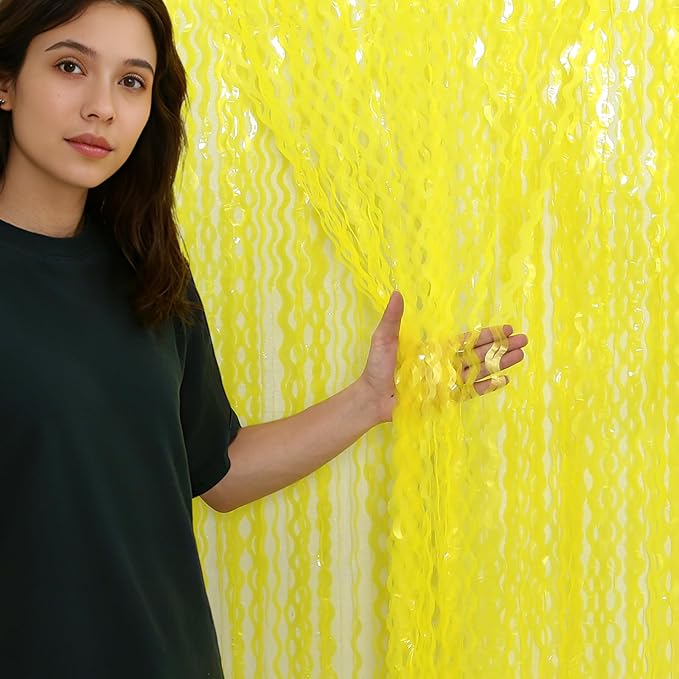 4 Pack Wavy Yellow Foil Curtain Backdrop -3.3 ft x 6.6 ft Gold Tinsel Backdrop Curtain Party Decorations Photo Booth Prop Backdrop Streamers for Birthday Bachelorette Graduation Wedding