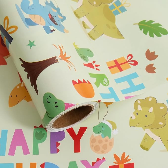 Aimyoo Dinosaur Birthday Wrapping Paper Roll - 17 Inch X 16.4 Feet - Green Happy Birthday Dino Pattern Gift Wrap Paper for Boys Party, Baby Shower, Holiday