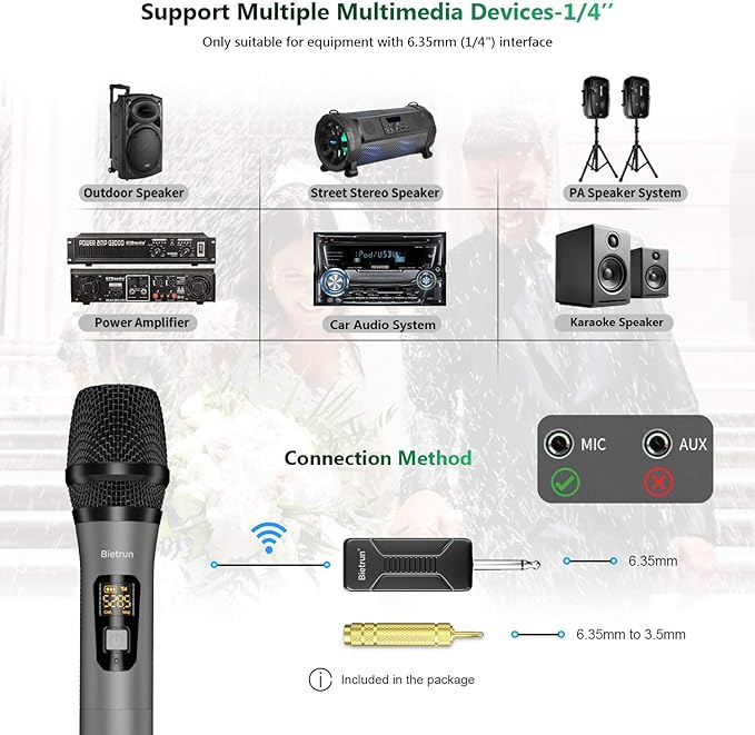 Bietrun Wireless Microphone, Professional UHF Metal Dual Handheld Cordless Dynamic Mic System Set with Rechargeable Receiver, 1/4‘’Output, Plug and Play, Instrument-Wireless-Mics for Karaoke, Wedding