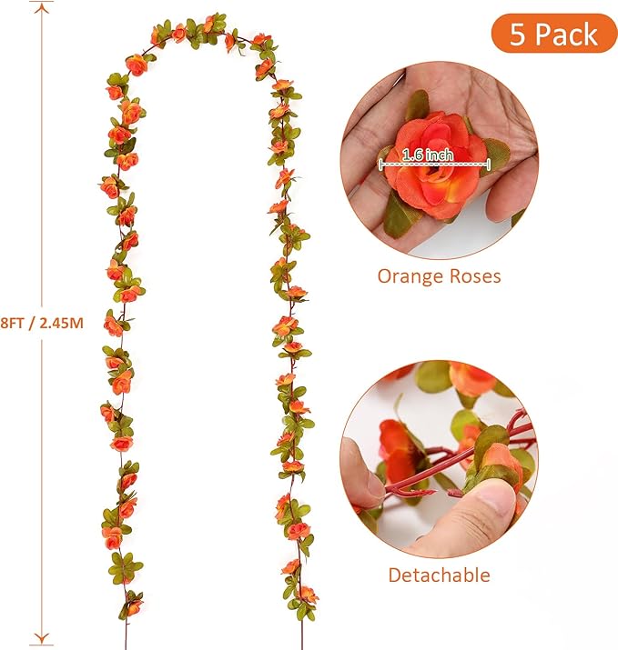 KHOYIME 5 Pack 40 FT Artificial Fall Flower Garland, Fake Orange Roses Vines Silk Flowers Faux Plastic Outdoor Hanging Floral Garland Autumn Decoration for Indoor Table Home Wall Backdrop Room Decor