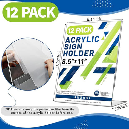 Aheroi 12 PCS Acrylic Sign Display Stands - 8.5 x 11, Clear Plastic Sign Holders for Paper Displays, Home Office Supplies