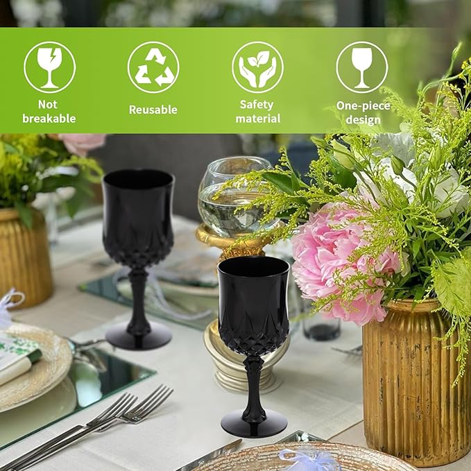 JLYLOL Plastic Vintage Wine Glasses 7OZ Plastic Goblets Vintage Drinking Glasses 48PCS Retro Wedding Glassware Water Goblets Reusable Drinking Cups for Party,Reception,Celebration,Bar,Whiskey(Black)