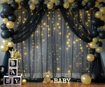 Black Tulle Backdrop Curtain with Lights String for Parites 20ft×8ft Black Sheer Backdrop Curtains for Baby Shower Wedding Bridal Shower Birthday Party Photo Shoot Decorations(4 Panels 5×8ft)