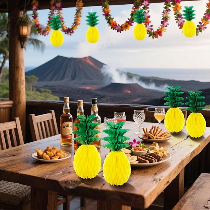 6 Pack 14 Inch Pineapple Honeycomb Decorations, Standing Tissue Paper Centerpieces, 3D Tropical Fruit Ornaments for Hawaiian Luau, Summer Pool, Beach Birthday, Jungle Theme Table Decor