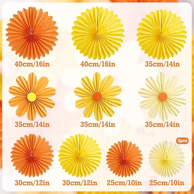 11PCS Paper Flowers Decorations for Wall Daisy Paper Fans Classroom Decoration Paper Orange Backdrop Decor Hanging Paper Fans for Birthday Baby Shower Indoor Spring Deco