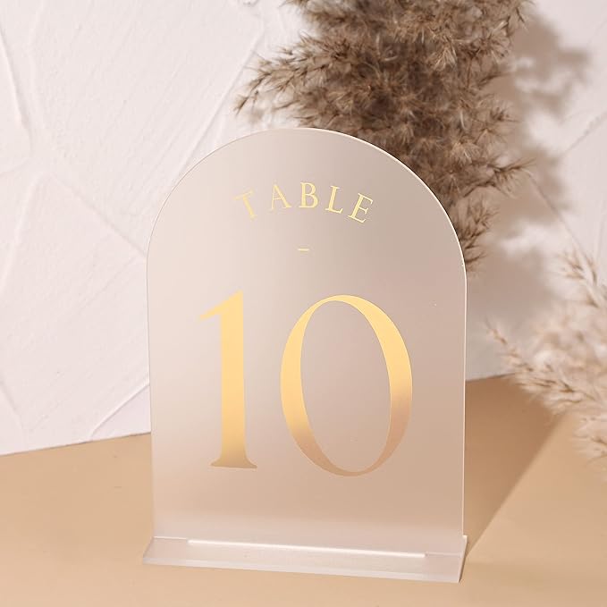 UNIQOOO Frosted Arch Wedding Table Numbers with Stands 1-30, Gold Foil Printed 5x7 Acrylic Display Signs and Holders, Pack of 30, Perfect for Centerpiece, Reception, Decoration, Party, Anniversary, Event