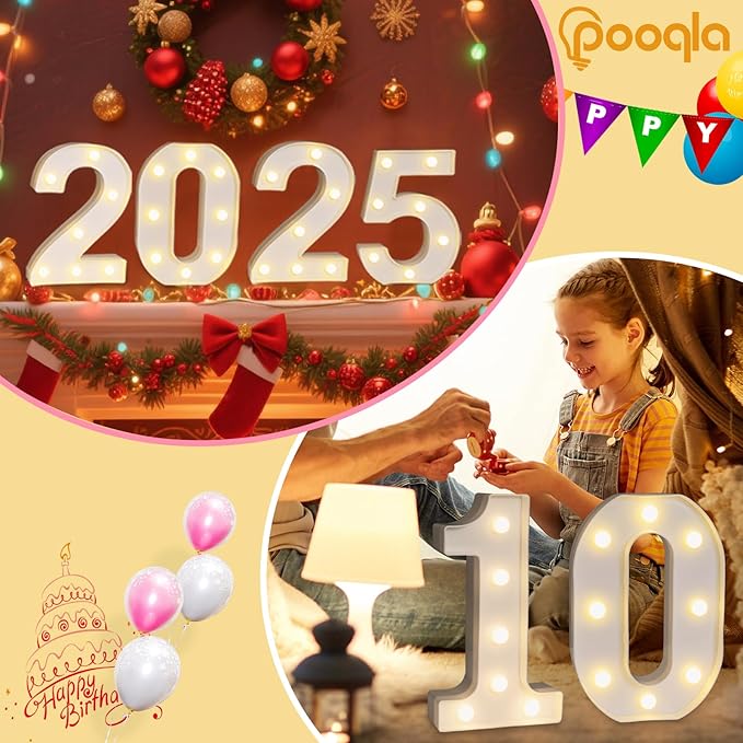 Pooqla Decorative Led Light Up Number Letters, White Plastic Marquee Number Lights Sign Party Wedding Decor Battery Operated Number (0)