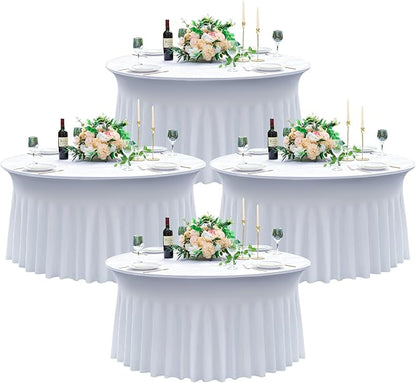 4 pk White Round Spandex Tablecloth for 60in Tables, Wrinkle Free Stretchy 120inch Fitted 5FT Table Cloths Round Table Covers with Skirt for Wedding Party Dining Banquet Events