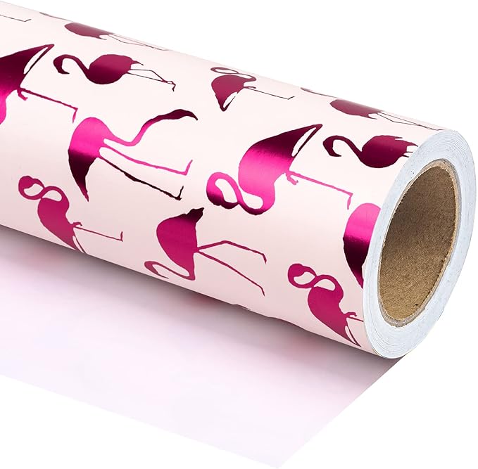 WRAPAHOLIC Wrapping Paper Roll - Mini Roll - 17 Inch X 33 Feet - Pink with Fuschia Foil Flamingo for Wedding, Birthday, Holiday, Baby Shower