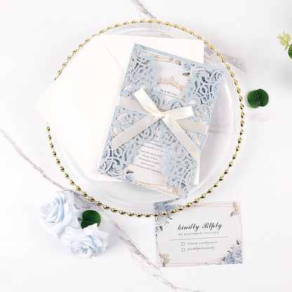 50pcs Laser Cut Wedding Invitation Pockets 5x7 '' Dusty Blue Wedding Invitations Kit With Envelopes Blank Inner Sheet and Ribbon for Wedding Bridal Shower Quinceanera Engagement Party Invite