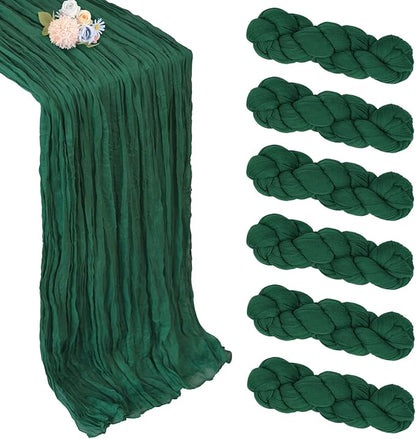 6 Pack Emerald Green Cheesecloth Christmas Table Runner 10ft Boho Gauze Fabric Cheese Cloth Table Runner 35 x 120 Inch Rustic Sheer for Romantic Wedding Decor Baby Shower Party Centerpiece Decoration