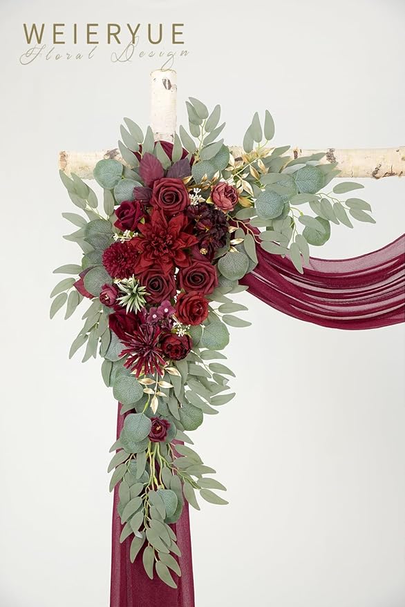 Artificial Wedding Arch Flowers Kit(Pack of 3),2Pcs Artificial Flower Arch Decor,1Pcs Sheer Drape for Wedding Ceremony Arbor for WeddingCeremony (Wine red Memory)