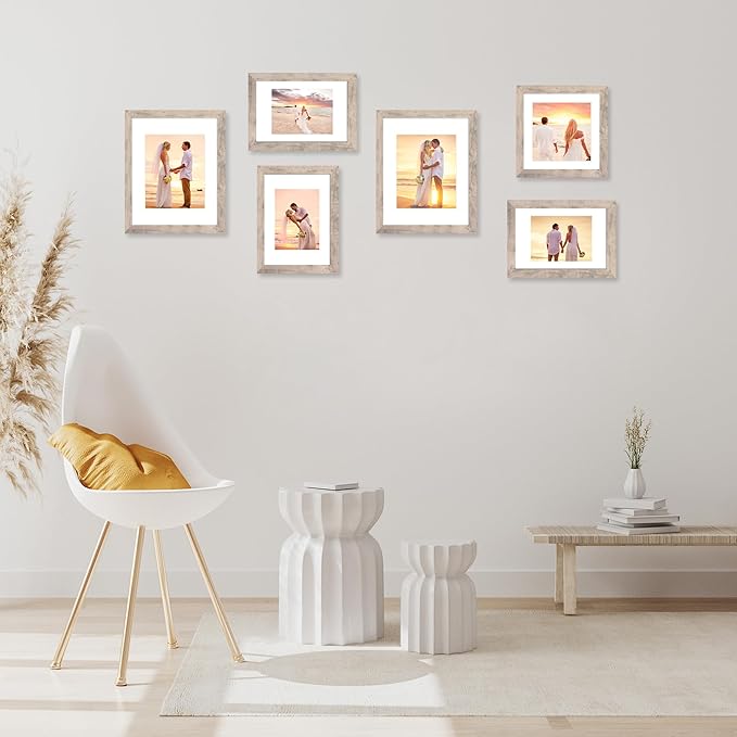 8x12 Picture Frame Set of 4 with High Definition Glass, Smoke Gray Frame Display 6x8 Picture with Mat or 8 x 12 Without Mat, Wood Rustic Photo Frames for Tabletop Display and Wall Mounting