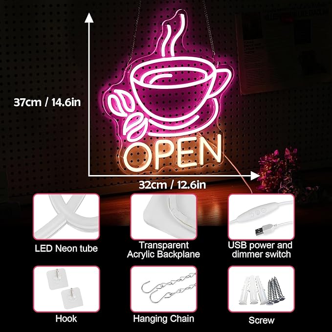 Coffee Cup Open Led Neon Sign For Business Wall Decor, Usb Powered Neon Coffee Signs For Coffee Bar Wall Decor Art Aesthetic Bistro Cafe Restaurant Kitchen Shop Window Welcome Sign