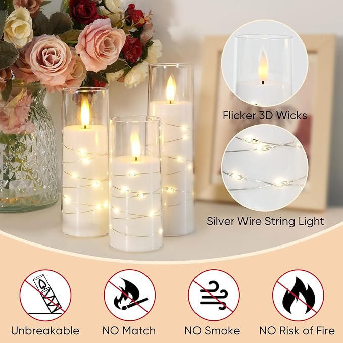 Raycare Flameless Candle with Remote Timer – 9 Flickering Acrylic Battery Operated LED Pillar Candles with Embedded Star String for Halloween, Home Decor, and as a Gift (White)