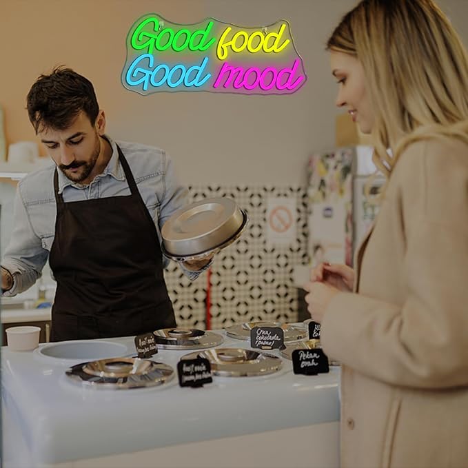 Looklight Good Food Good Mood Neon Sign,Letter Neon Signs for Wall Decor,Colorful Dimmable Neon Lights,USB Led Neon Signs for Kitchen Fast Food Shop Cafe Restaurant Store