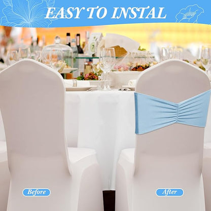 Moukeren 100 Pcs Spandex Chair Sashes Bows Bands Slider Sashes for Chair Covers Elastic Bands Ties Ribbon Decorations for Wedding Party Events Ceremony Birthday Banquet(Sky Blue)