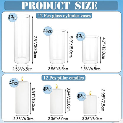 24 Pcs White Pillar Candles with Glass Candle Holder Hurricane Glass Candle Holders Clear Cylinder Vases for Centerpieces Wedding Office Party Home Table Decor