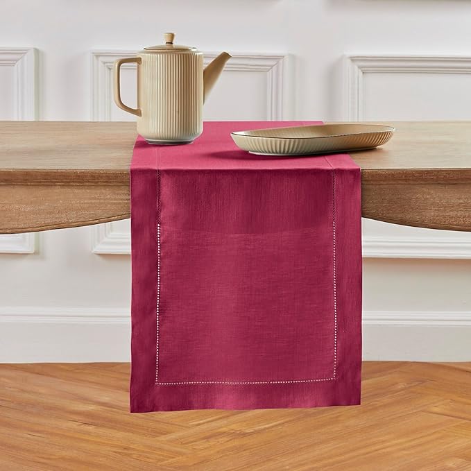 Solino Home Linen Beet Table Runner 72 Inches Long - 100% Pure Linen Hemstitch Table Runner 14 x 72 Inch for Dresser, Dining, Fall, Autumn, Halloween, Thanksgiving, Holiday - Classic Hemstitch