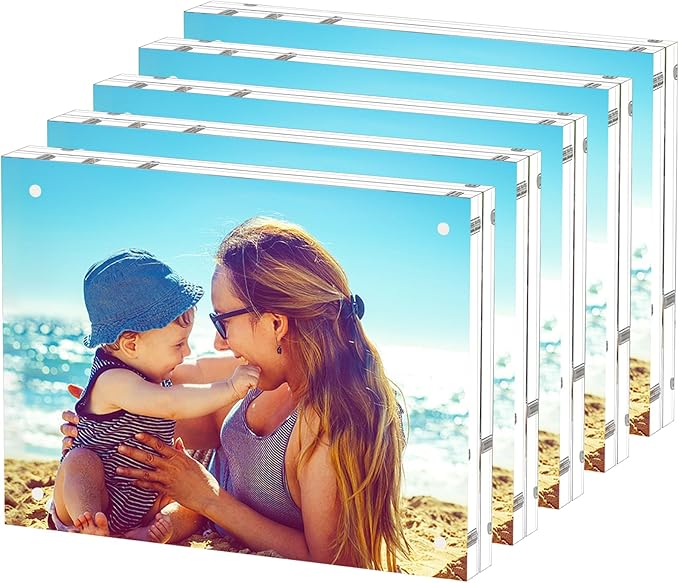 HELPLEX 5 Pack 8x10 Acrylic Picture Frames, 20mm Thicker Frameless Clear Frame, Double Sided Magnetic Frame, Free Standing Desktop Display Stand, UV Protection, Modern Style, 8x10 Size
