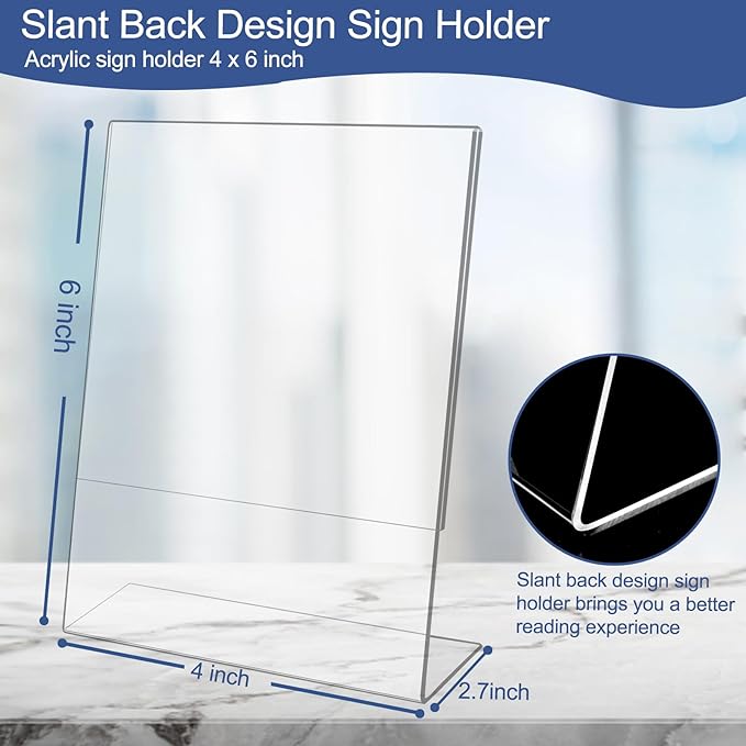 Slanted Back Acrylic Sign Holder 4 x 6, Clear Tabletop Stands for Display, Plastic Paper Sign Holders for Office, Home, Restaurant (6 Pack)