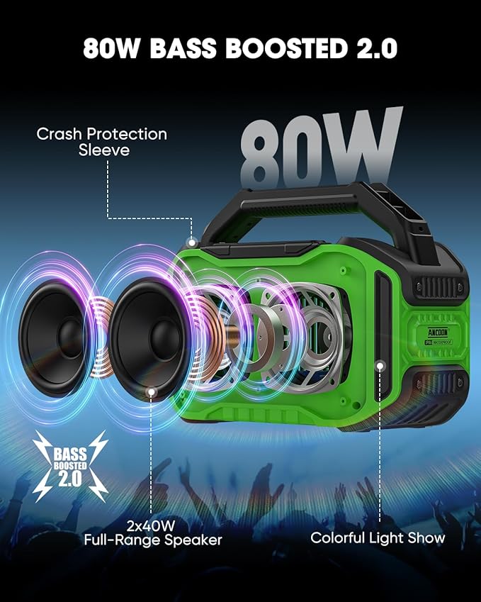 Speakers Bluetooth Wireless: 80W(Peak) Loud Speaker with Bass, 20H Playtime, IPX6 Waterproof, Large Jobsite Speakers for Work, Outdoor, Workshop, Garage, Portable Speaker with TWS (Green)
