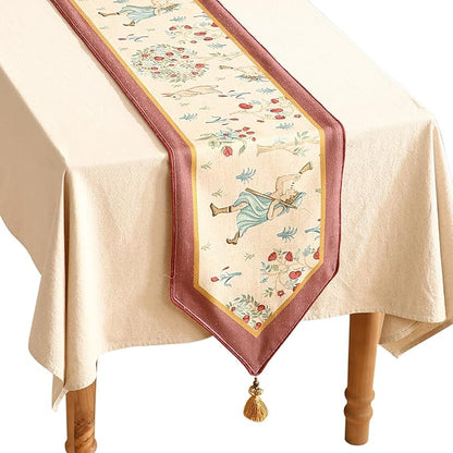 patdrea Designer Idyll Linen Table Runner, Vintage Beige Farmhouse with Ancient Spring Figure and Fruit Trees Pattern Table Mat, Decoration for Kitchen Dining Banquet Christmas ,12"*87"