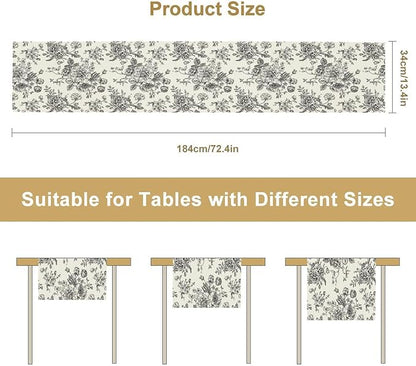 Vintage Flower Table Runner, Black White Wildfloral Floral Sketch Print Kitchen Dinning Table Runner for Indoor Outdoor Home Wedding Party Holiday, 13x120 Inch