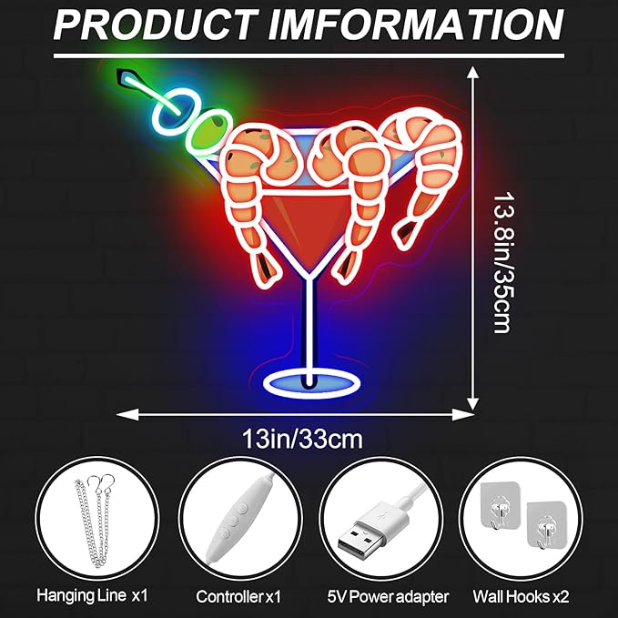 Shrimp Martini Wine Neon Sign, Martini LED Light, Home Party Wall Art, Cocktail Pub Bar Decoration, Gift for Cocktail Lover, 13"x13.8"