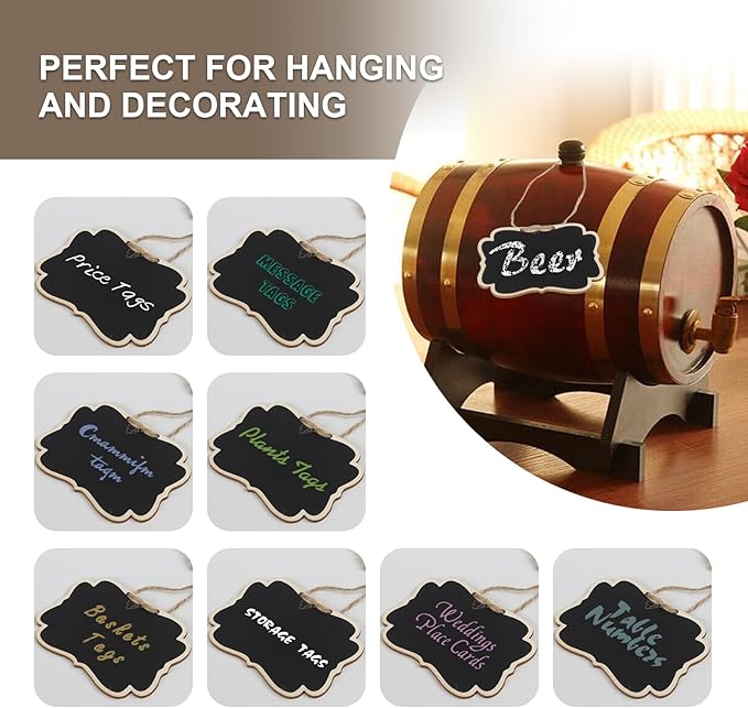 Wooden Mini Hanging Chalkboard Signs for Beverages Dispenser, Price Message Chalkboard Tags with String, Double-Sided Little Labels for Party Event Decorations, Table Numbers, 3.5x2.5, 24 Pack