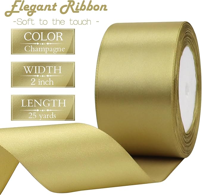 Champagne Gold Solid Satin Ribbon 2 Inch 25 Yards Solid Polyester Fabric Ribbon for Gift Wrapping Wedding Christmas Baby Shower Birthday Party Decoration Handmade Immortal Flower Craft