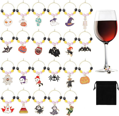 SANNIX 24Pcs Halloween Wine Charms, Wine Charms for Stem Glasses, Glass Identifiers for Halloween Party Holiday Decorations