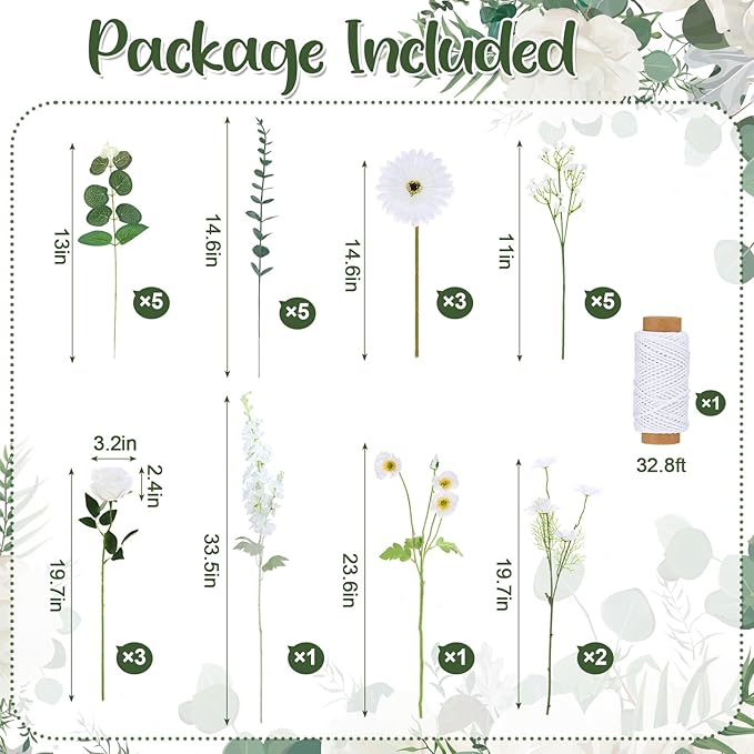 Hoteam 26 Pcs DIY Flower Garland Artificial Hanging Wildflower Backdrop Set Fake Rose Eucalyptus Daisy Poppy Wild Flower Decor for Wedding Party Birthday Home Garden (White)