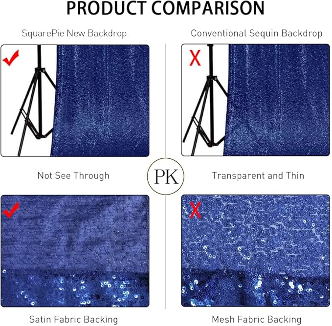 SquarePie Sequin Backdrop Curtain 8FT x 10FT Navy Blue Satin Backing Fabric Photography Background for Wedding Patry 4FT x 10FT 2 Panels