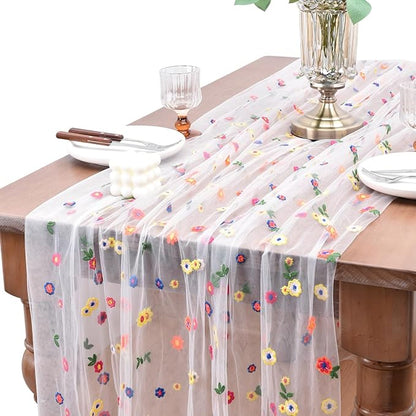 Joanlody Ivory Embroidery Daisy Fall Thanksgiving Table Runner 10ft Florals Seasonal Tulle Table Runner Holiday Kitchen Dining Table Decoration for Home Party Indoor