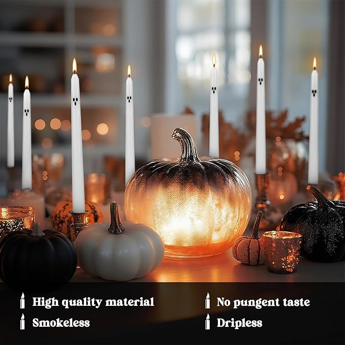 12 Pack Halloween Taper Candles - 10 Inch White Ghost Face Smokeless Candles, Long-Lasting 7+ Hour Burn, Premium Wax for Spooky Decor & Parties