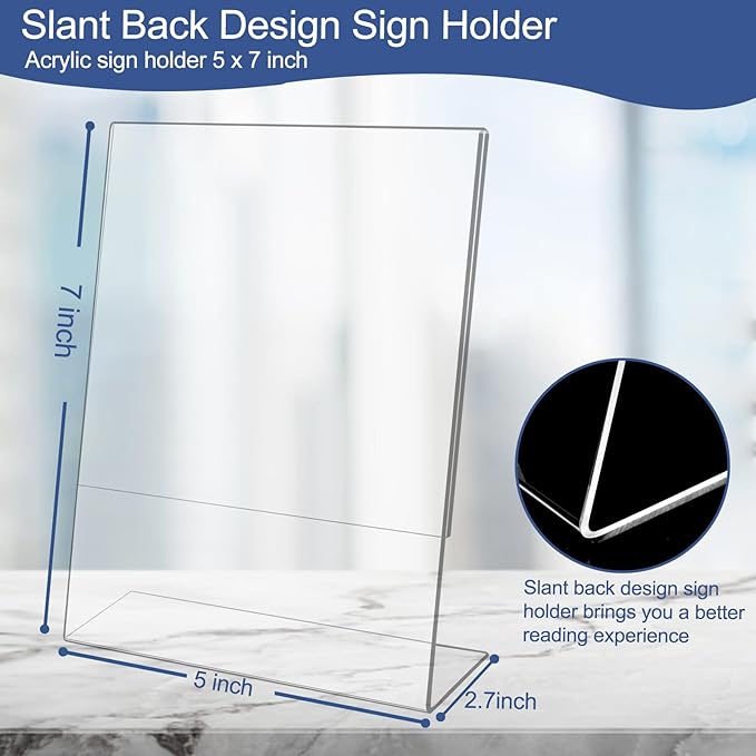 Slanted Back Acrylic Sign Holder 5 x 7, Clear Tabletop Sign Holder, Acrylic Stands for Display 5 x 7, Plastic Paper Sign Holder for Office, Home, Restaurant (6 Pack)