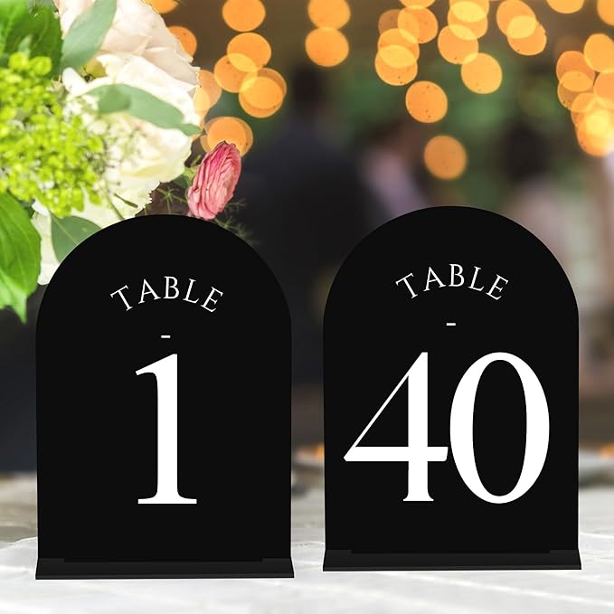 JOYIT Arch Wedding Table Numbers 1-40 with Stands – Double-Sided Printed 5" X 7" Acrylic Table Signs with Black Background White Text, Perfect Acrylic Table Numbers for Wedding Receptions, Parties, Anniversaries, and Events