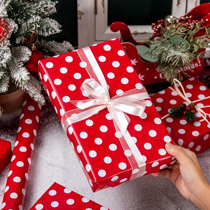 Burymento Red and White Dots Wrapping Paper, Reversible Pink Gift Wrap for Birthday, Valentines, Mothers day, Graduation, Wedding, Fathers day, Baby Shower, Christmas (17in x 32.8ft)