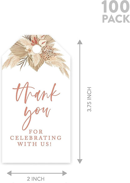 Andaz Press 100-Pack Thank You for Celebrating with Us Favor Tags Boho Dried Palm Leaves Cardstock Gift Tags with Bakers Twine for Wedding Baby Shower Bridal Shower Party Favors 2 x 3.75-Inches