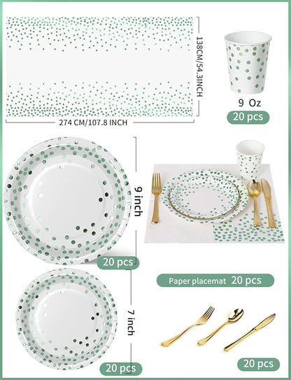 141 Pieces Green Dots Party Supplies, Party Dinnerware Sets Include Paper Plates Napkins Cups Silverware, for Wedding Bridal Shower Engagement Birthday Parties Decoration -20 Serves