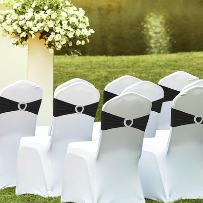 100PCS Spandex Stretch Black Chair Sashes Bows Universal Elastic Chair Cover Bands Ties with Buckle Slider for Wedding Party Birthday Reception Event Banquet Decoration(Black)