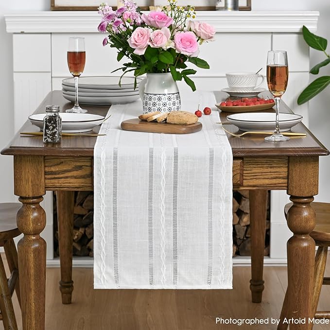 Artoid Mode Rustic Cotton Linen Table Runner, Seasonal Embroidered Hollow Kitchen Dining Table Decoration for Home Party Decor 13x90 Inch