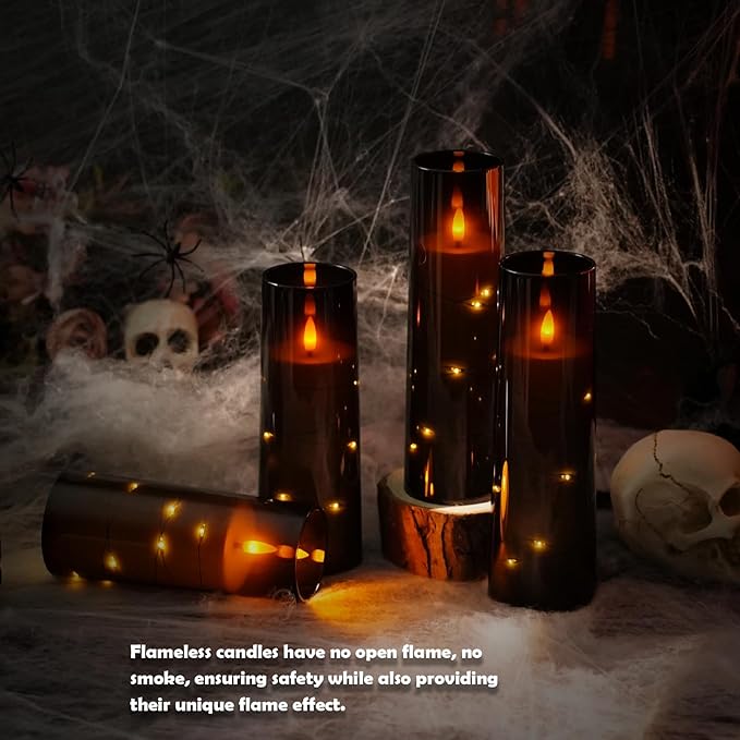 Flameless Candles with Embedded Star String - Battery Operated LED Candles, with Remote,12 Black Flickering Candles for Christmas, Weddings, Home Decor & Party,(D 2.3"×H 5" 6" 7")