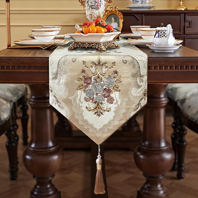 HeMiaor Table Runner with Retro Embroidery Jacquard and Beaded Tassels for Dining Table Christmas Decoration 98 inches Long Beige