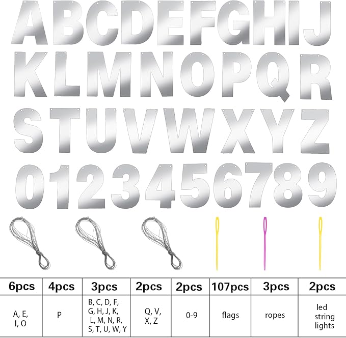 TaoBary 112 Pcs DIY Letter Kit Glitter Customizable Banner Letters Include 107 Letters and Numbers 3 Rope and 2 Needles for Birthday Halloween Christmas Wedding Valentine Party Decor(Glossy Silver)