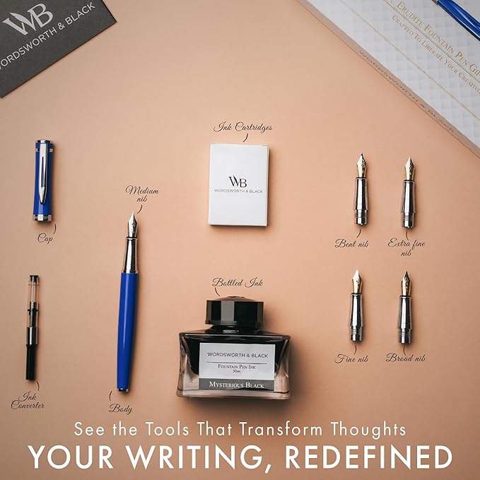Wordsworth & Black Fountain Pen Gift Set, Includes Bottle, 6 Cartridges, Refill Converter, 4 Replacement Nibs, Premium Package, Journaling, Calligraphy, Smooth Writing Pens [Blue Chrome]