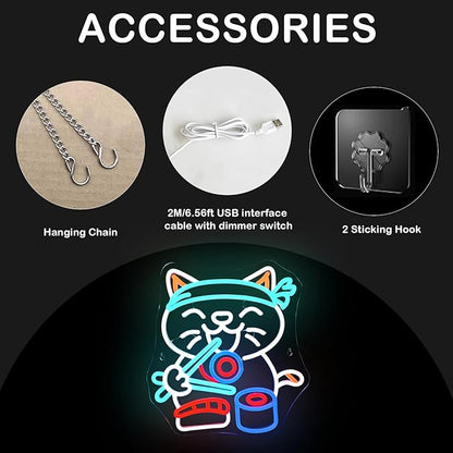 Wanxing LED Neon Sign for Wall Decor, Ramen Cat Eat Sushi Neon Light, USB Powered Dimmable, 5V/2A, 12.6"x13.8" for Home, Party, Gift, Office, Bedroom, Kitchen, Sushi Lover