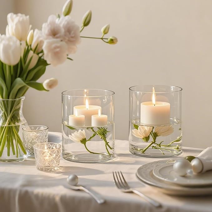 2Pcs Glass Cylinder Vases for Centerpieces, 6" x 4.7" Wide Mouth Flower Vase Hurricane Glass Candle Holders, Clear Vases Bulk with 2 Floral Tapes for Floating Candles Wedding Party Home Decor