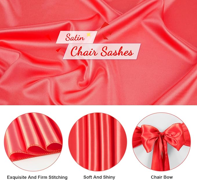 10 PCS Red Satin Chair Sashes Bows Universal Chair Ribbon Ties Back Sash for Wedding Party Reception Events Banquets Hotel Event Chair Cover Decoration (7x108 inch)